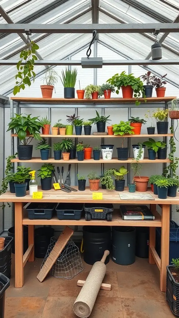 29+ Creative DIY Greenhouse Table Ideas for Your Garden 6 A greenhouse table with shelves displaying various potted plants and gardening tools.