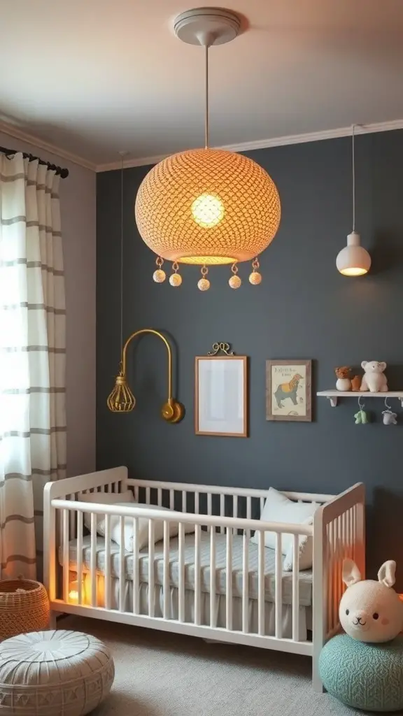 A cozy nursery featuring artistic lighting fixtures, including a woven pendant light and a smaller light, creating a warm atmosphere.