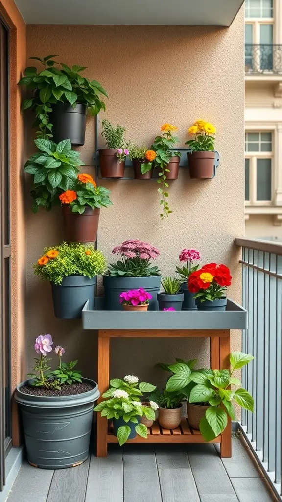 A compact potting station with colorful flowers and plants arranged on a wooden table and wall-mounted shelf.