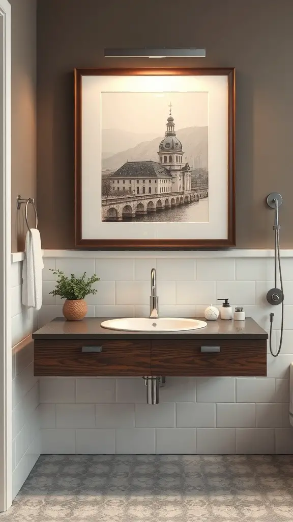A stylish bathroom featuring a framed black-and-white photograph of a historic building on the wall, with a modern sink and decor.