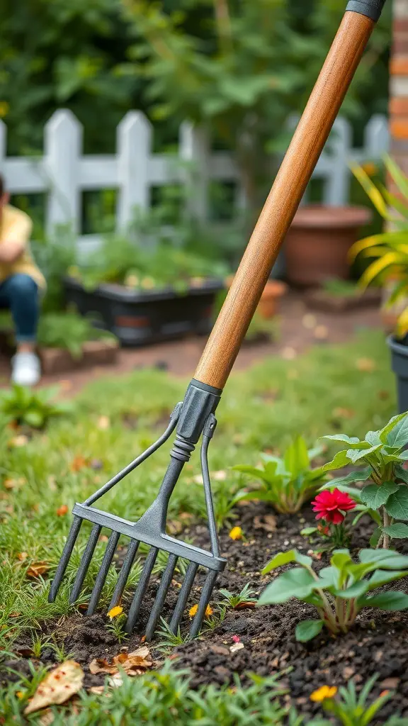 A multi-purpose garden rake with a wooden handle, positioned in soil with flowers in the background.