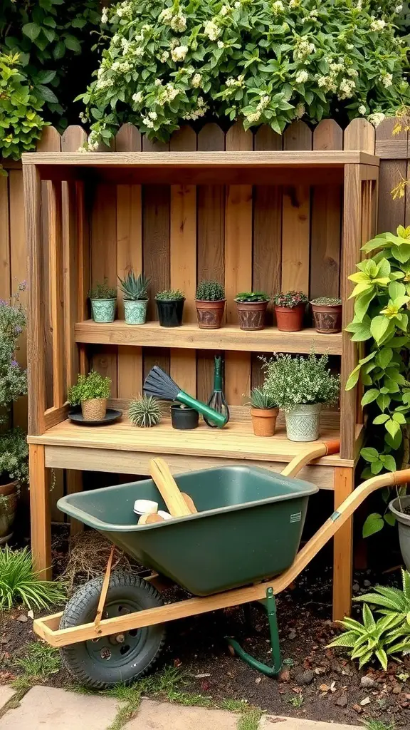 A wooden storage bench with a designated space for a green wheelbarrow, surrounded by flowers and plants.