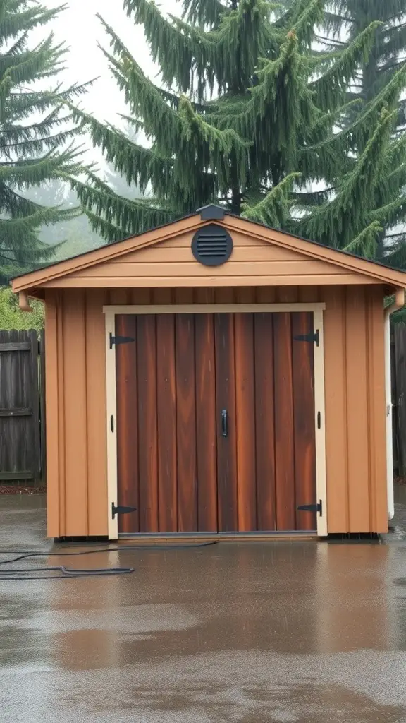 A weatherproof lawn equipment storage shed with wooden exterior and proper ventilation.