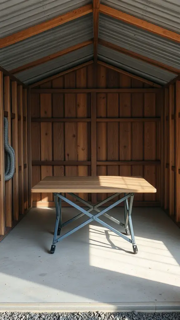 27+ Smart Small Shed Storage Ideas You Need to Try 2 A folding table inside a wooden shed