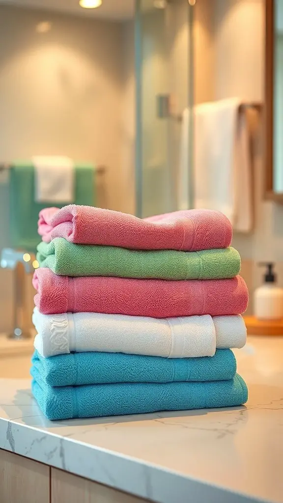 A stack of colorful bath towels in pink, green, white, and blue on a bathroom counter.