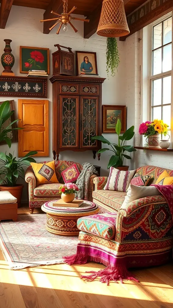 A cozy bohemian living room with colorful painted furniture and vibrant textiles.
