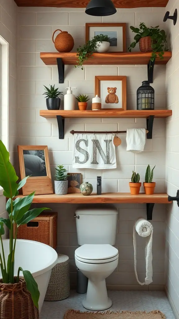 25+ Trending Bathroom Wall Decor Ideas You’ll Love 6 Rustic wood shelves in a bathroom with plants and decorative items
