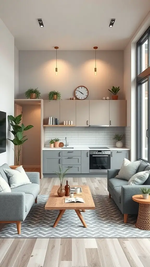 Open kitchen design with living room featuring cozy seating and modern appliances