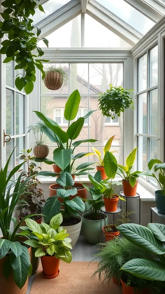 29+ Stunning Sunroom Addition Ideas Off Your Kitchen 12 A sunroom filled with various plants in pots, showcasing a bright and inviting atmosphere.