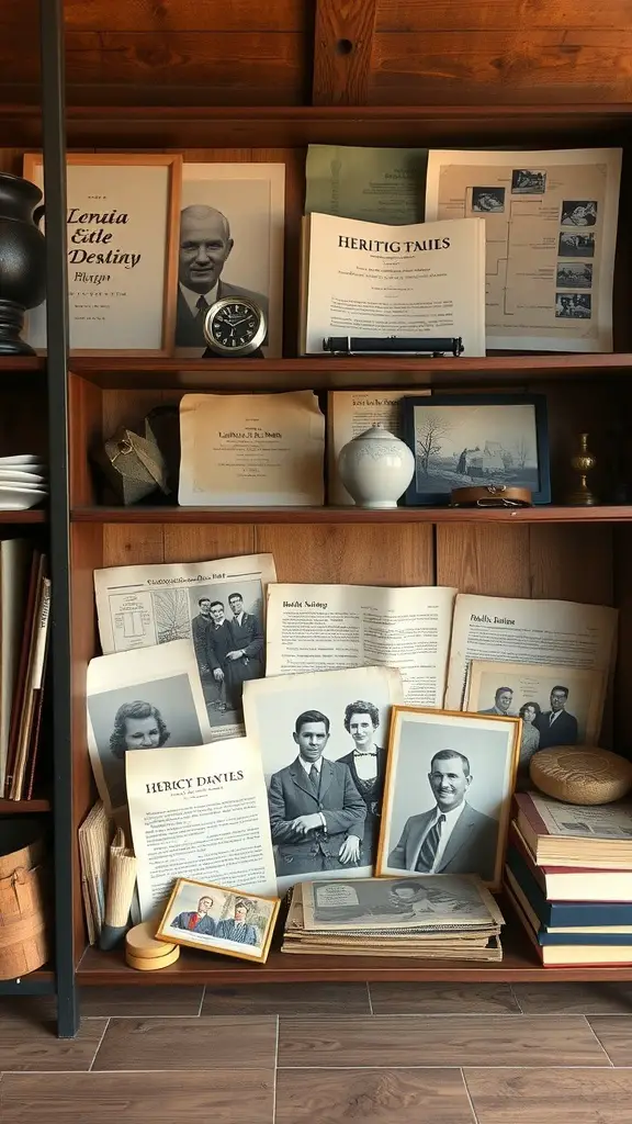 23+ Unique Memory Box Ideas s 16 A wooden shelf displaying various heritage and ancestry artifacts, including photographs, documents, and heirlooms.