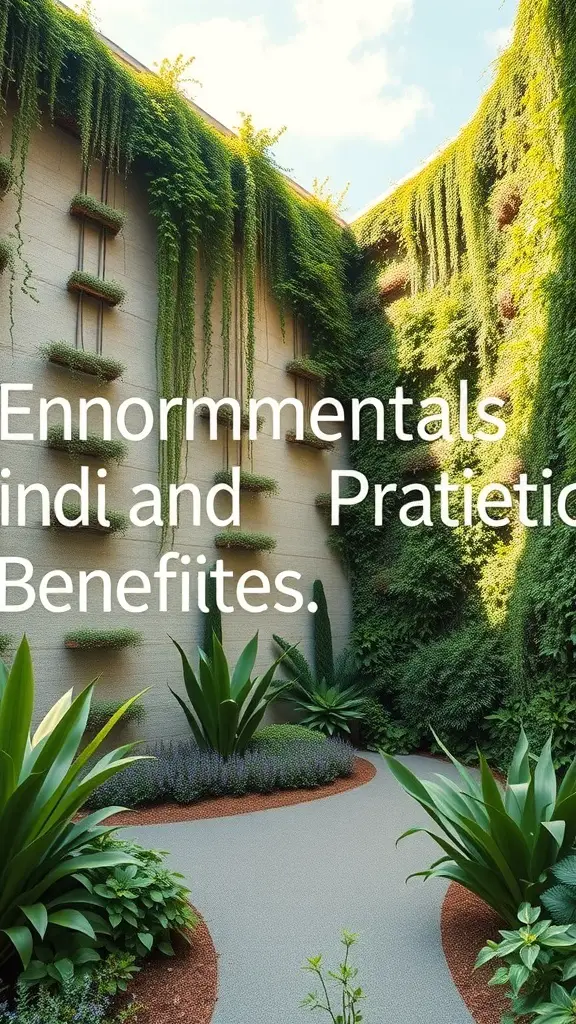 A lush plant wall with various green plants and a pathway.