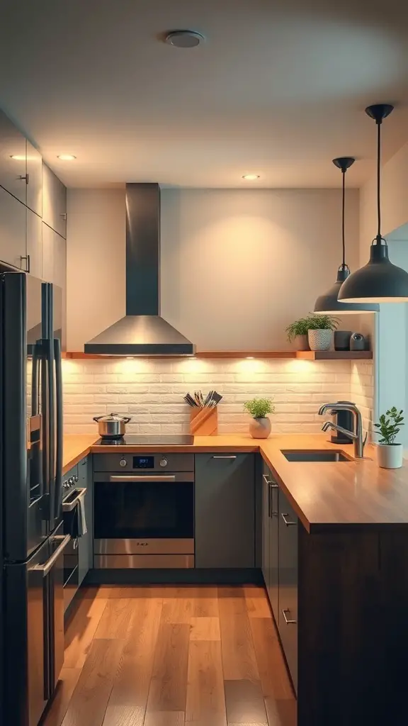 A modern kitchen with smart lighting features, showcasing stylish fixtures and warm lighting.