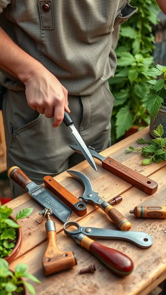 29+ Essential Garden Hand Tools for Every Enthusiast 16 A variety of garden hand tools displayed on a wooden surface, including a knife, pruning shears, and a trowel.