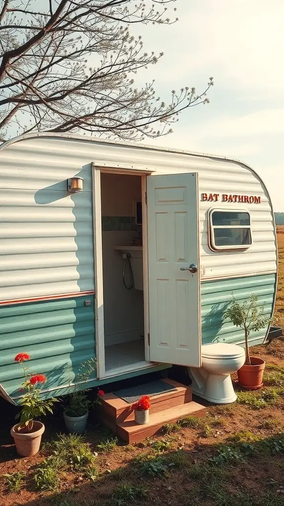 A vintage trailer bathroom with a teal and white exterior, surrounded by potted plants.