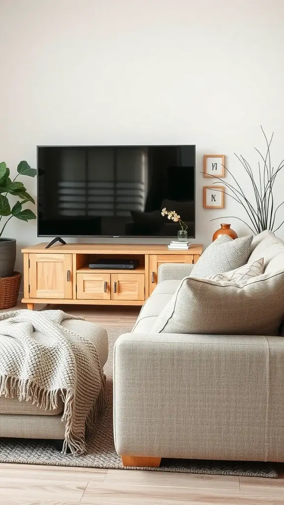 27+ Creative TV Stand Decor Ideas 3 A cozy living room with a TV stand, cushions, and a throw blanket.