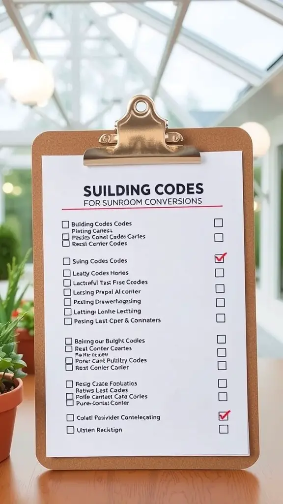 29+ Stunning Porch to Sunroom Conversion Ideas to Transform Your Home 11 A clipboard with a checklist of building codes for sunroom conversions, placed on a table with plants.