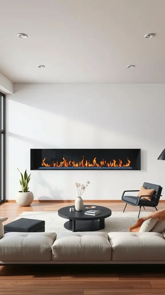 23+ Modern Fireplace Ideas to Elevate Your Home Decor 6 A modern living room featuring a sleek linear fireplace, minimalist furniture, and a cozy atmosphere.