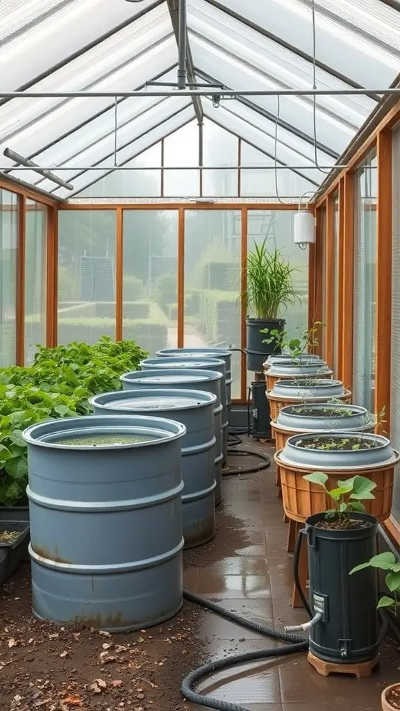 27+ Inspiring Inside Greenhouse Ideas 3 Interior of a greenhouse featuring rainwater harvesting barrels and plants.
