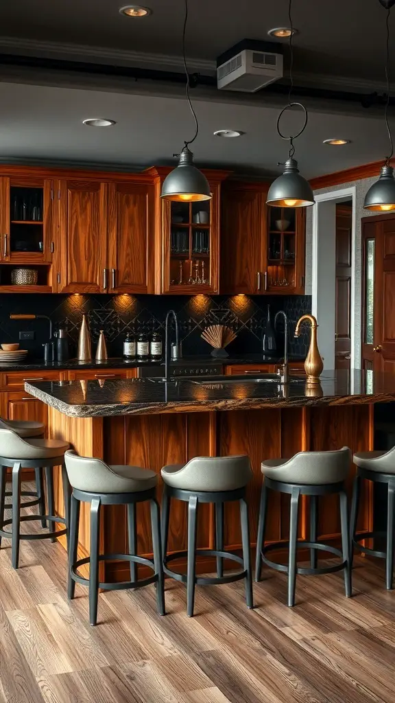Rustic brown kitchen island with black countertops and seating