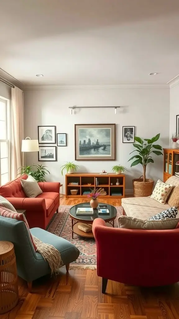 A vibrant living room with red and blue sofas, a circular coffee table, and framed artwork on the walls.