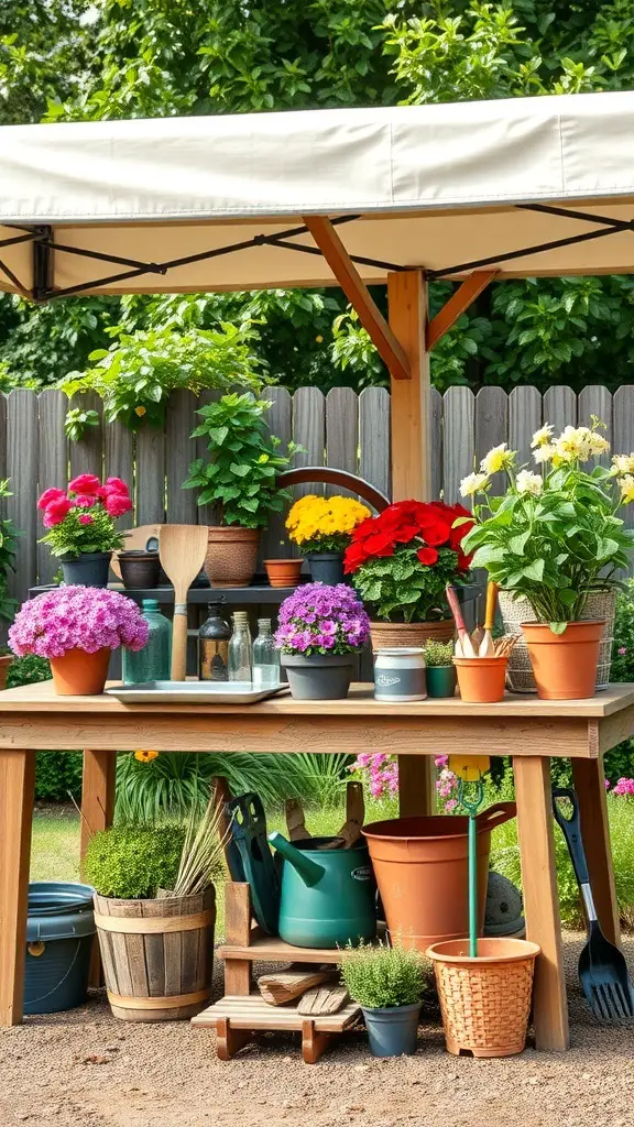 A wooden outdoor potting table with a canopy, filled with colorful flower pots and gardening tools.
