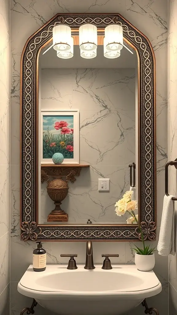 25+ Creative Bathroom Mirror Ideas to Elevate Your Space 13 A bathroom mirror with an ornate decorative border, featuring soft lighting and a small plant.