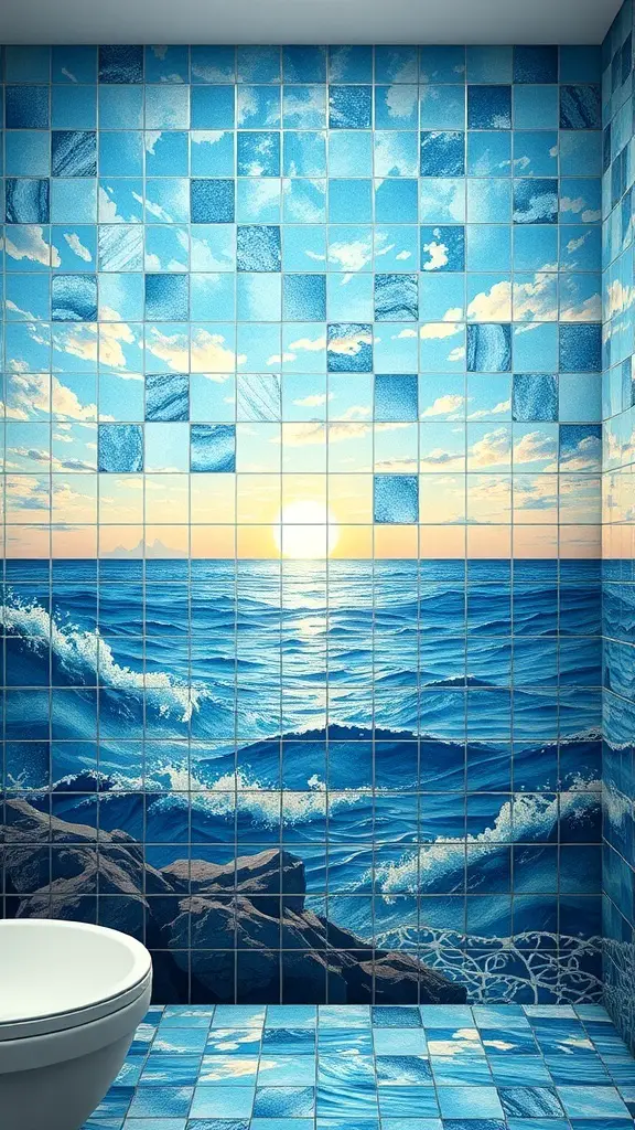 25+ Trending Bathroom Wall Decor Ideas You’ll Love 13 Mosaic tile mural of ocean waves and sunset in a bathroom