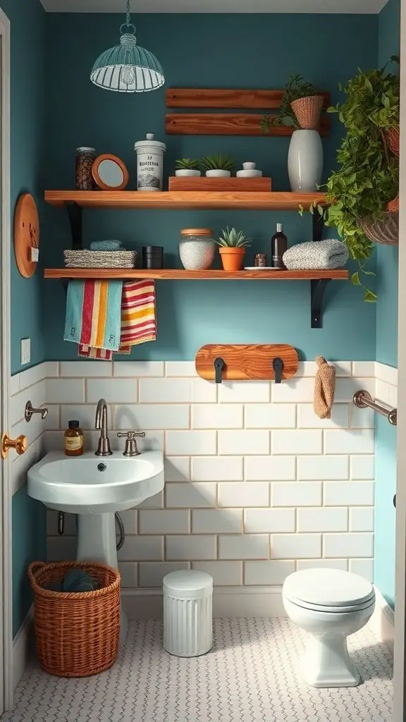 A green bathroom featuring wooden shelves, plants, and upcycled decor elements.