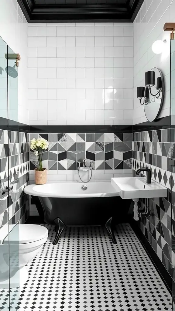 Chic black and white bathroom with geometric tiles and a black bathtub