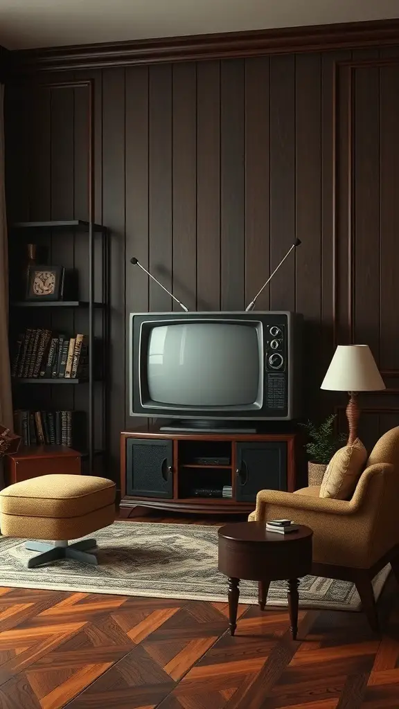 25+ Creative TV Wall Paneling Ideas for a Stylish Living Room 15 A cozy living room with vintage wood paneling, featuring a retro television and mid-century modern furniture.