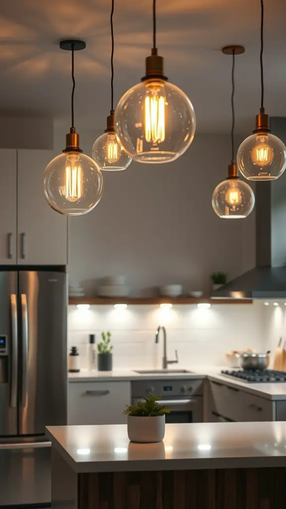 Stylish pendant lights hanging above a kitchen island with a modern design.