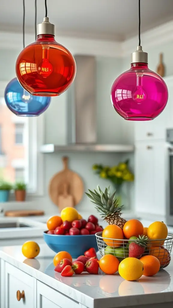 Colorful glass pendant lights hanging over a kitchen island with a variety of fruits on the counter.