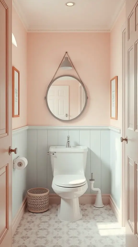 A small bathroom with pink walls, blue paneling, and a round mirror.