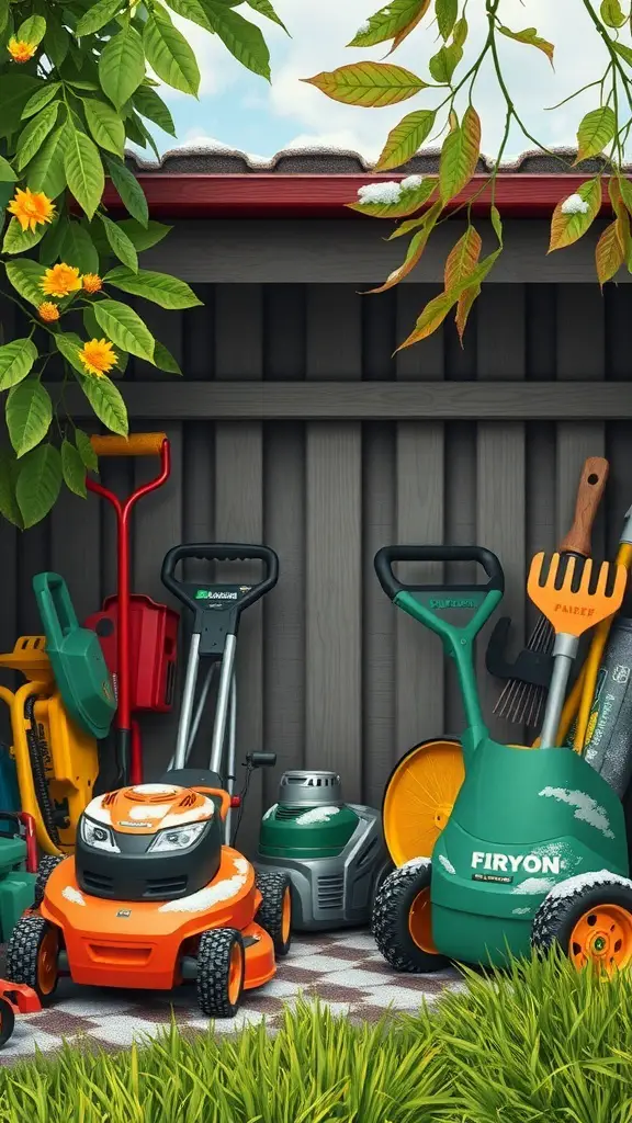 Organized lawn equipment storage with various tools including a lawn mower and gardening tools.