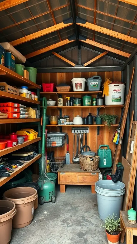 27+ Smart Small Shed Storage Ideas You Need to Try 14 A well-organized shed with wooden shelving units filled with storage containers and tools.