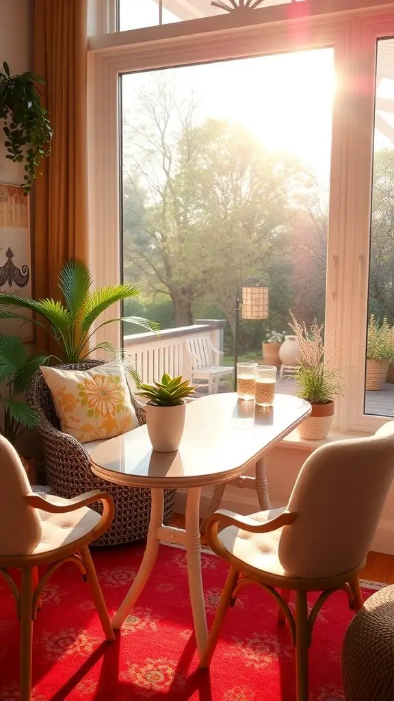 27+ Cozy Cottage Sunroom Ideas You’ll Love 3 A bright sunroom with a small table, two chairs, and plants, illuminated by sunlight.