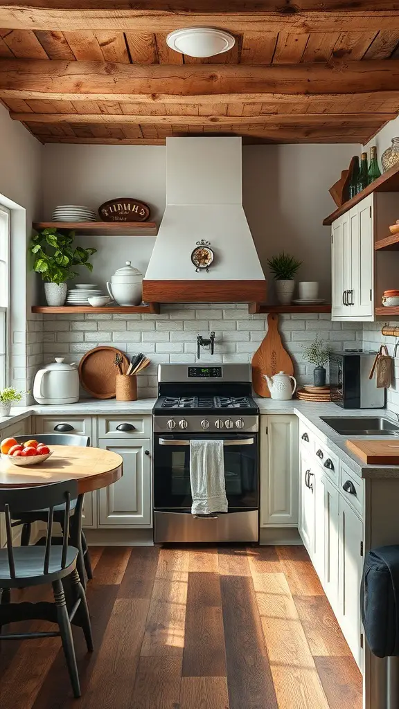A cozy kitchen featuring a mix of vintage wooden beams and modern appliances, with white cabinetry and a round wooden table.