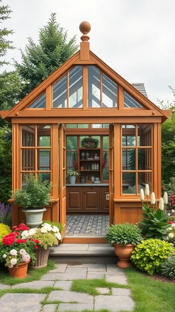 29+ Creative DIY Greenhouse Ideas for Your Garden 10 A beautiful cedar wood greenhouse surrounded by colorful flowers and greenery.