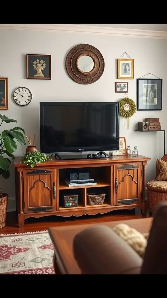 Cozy living room with a wooden TV stand, framed pictures, a mirror, and plants.