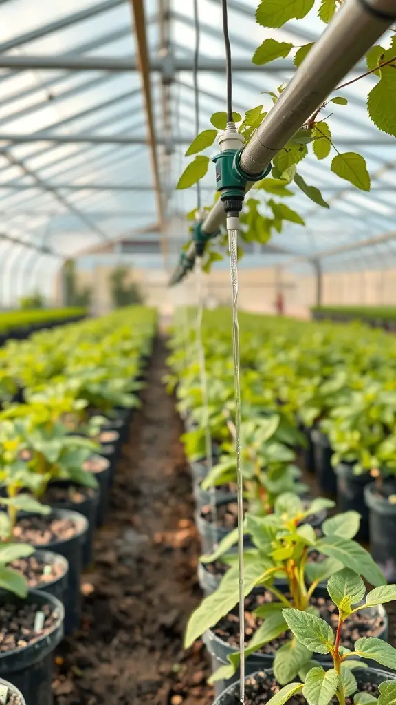 A greenhouse with a drip irrigation system watering plants in pots.