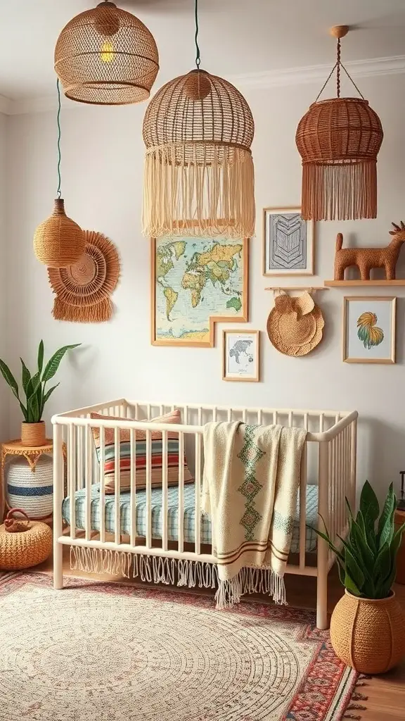 A cozy nursery with woven decor, a crib, and plants.