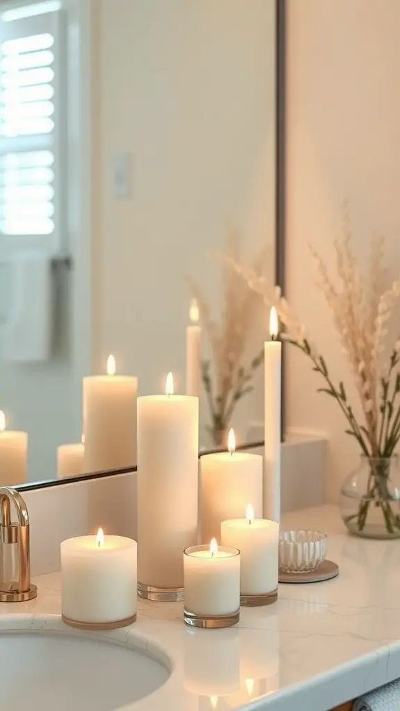 A bathroom counter decorated with various sizes of white candles, creating a cozy atmosphere.