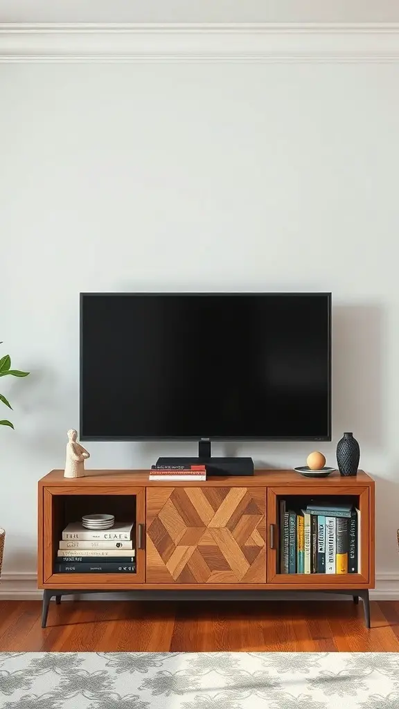 A stylish wooden TV stand with books and sculptures in a living room setting.