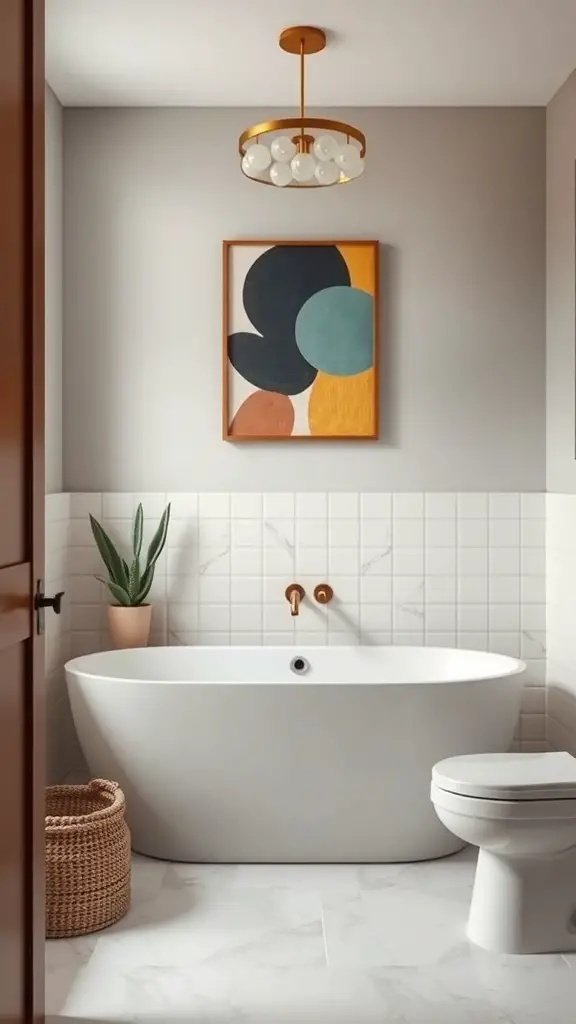 Mid-century modern bathroom featuring artistic wall art and a minimalist design.