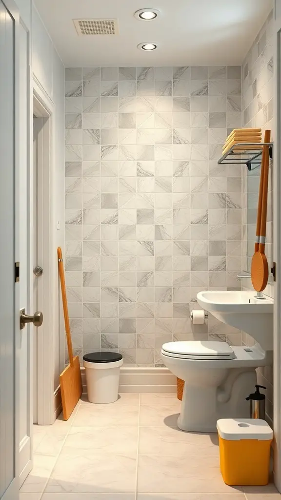 A modern bathroom featuring board and batten walls with a clean and organized look.