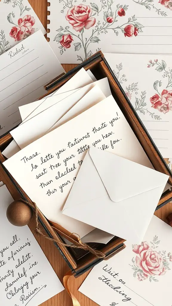 23+ Unique Memory Box Ideas s 5 A memory box containing letters and envelopes with floral designs, symbolizing letters to a future self.