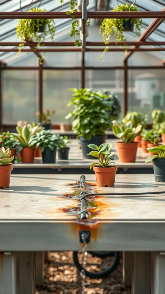 29+ Creative DIY Greenhouse Table Ideas for Your Garden 11 A DIY greenhouse table with built-in drainage, featuring potted plants and a visible drainage system.