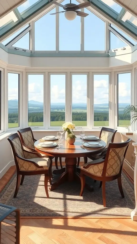 27+ Enclosed Sunroom Ideas to Brighten Your Home 7 Stylish dining area with large windows and scenic views