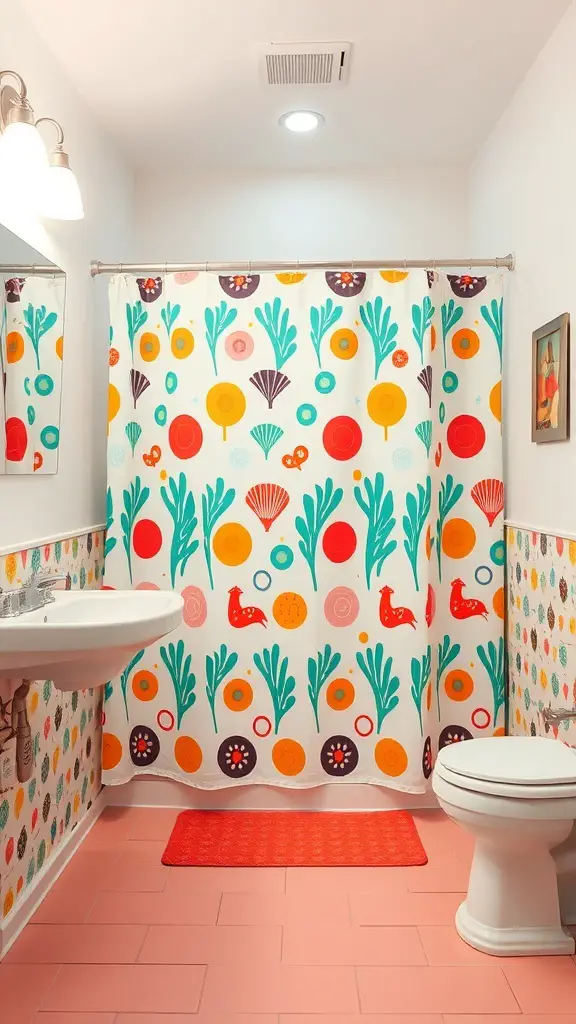 A colorful retro shower curtain with floral and bird patterns in a bright bathroom setting.