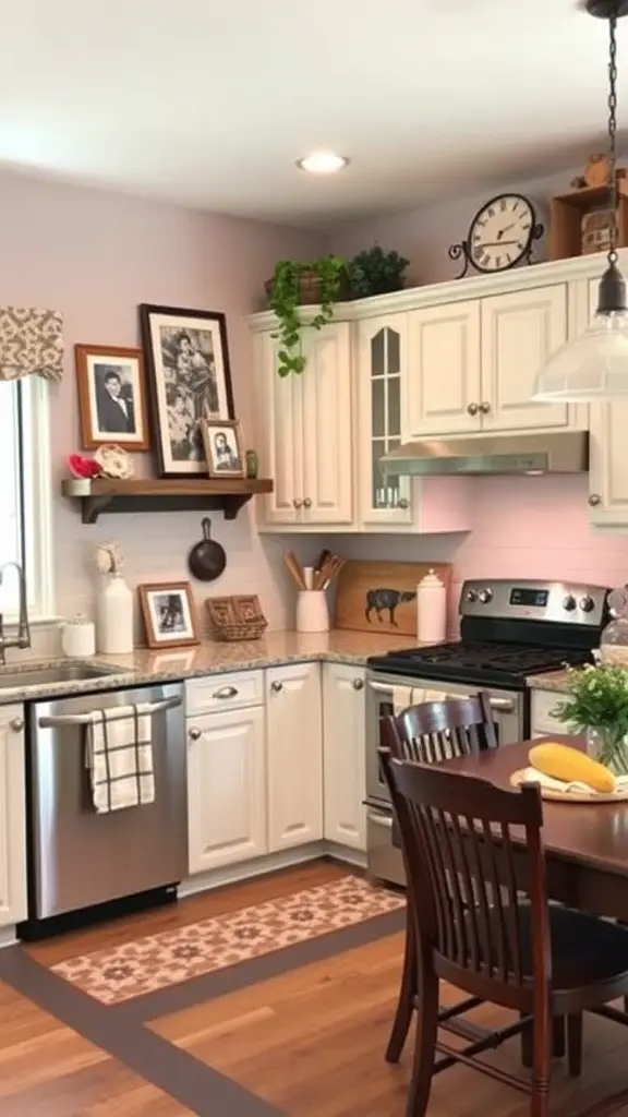 23+ Stunning U-Shaped Kitchen Layout Ideas 11 A cozy U-shaped kitchen with wooden cabinets, a round dining table, and personal decor items.